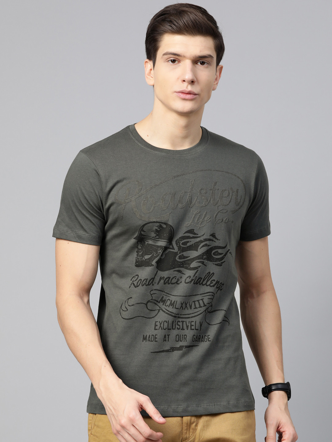 Roadster Men Charcoal Grey Printed Round Neck T-shirt