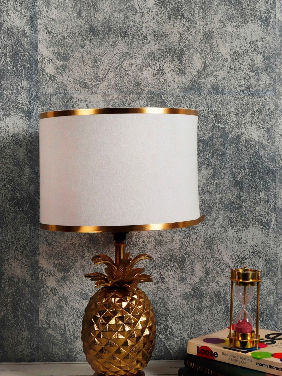 Grated Ginger White & Gold-Toned Colourblocked Handcrafted Bedside Lamp