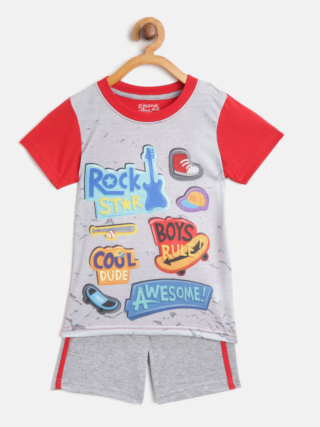 Eteenz Boys Grey & Red Printed T-shirt with Shorts