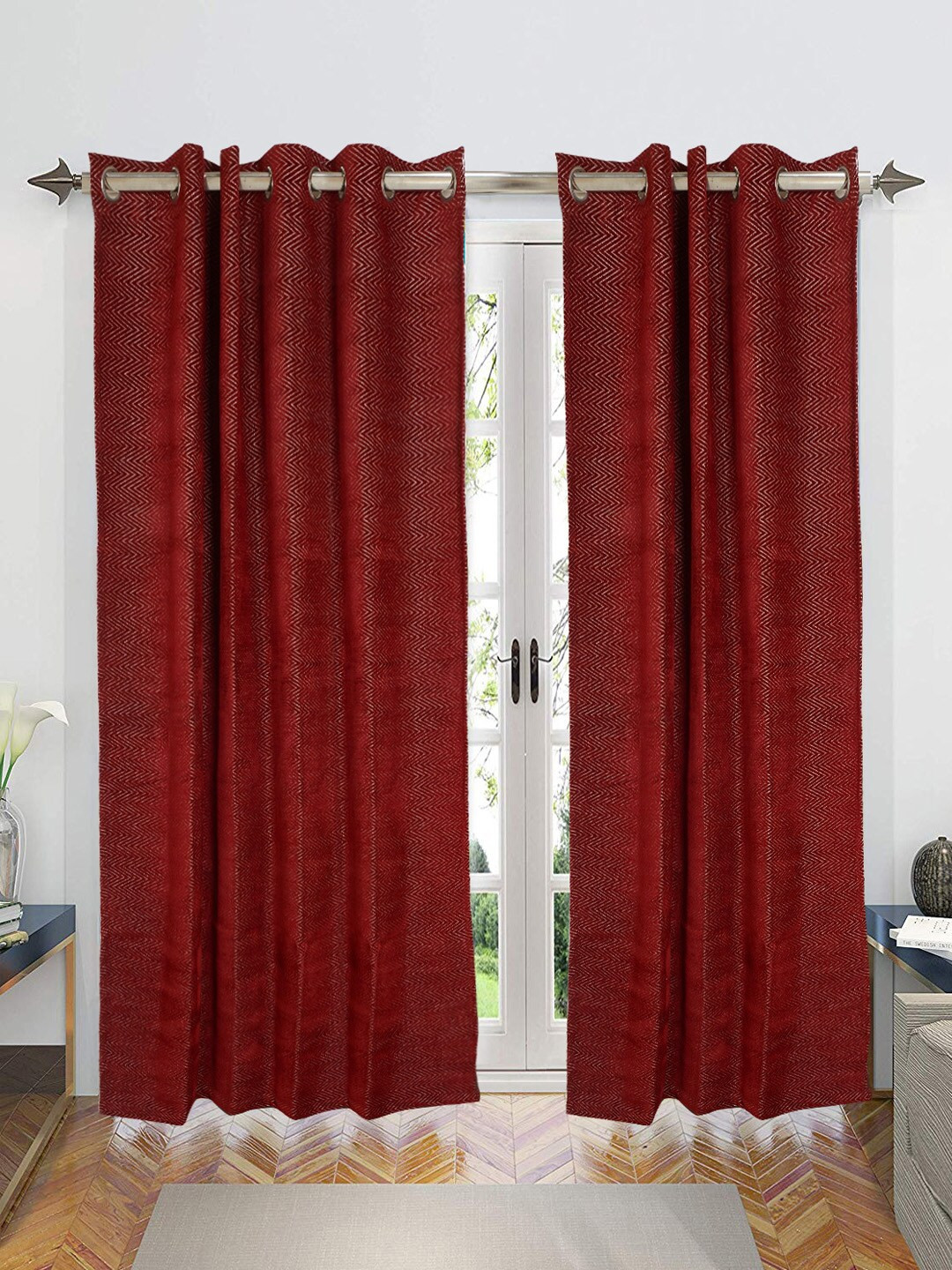 Saral Home Zig-Zag  Chenille BlackoutSet of 2 Maroon Long Door Curtains