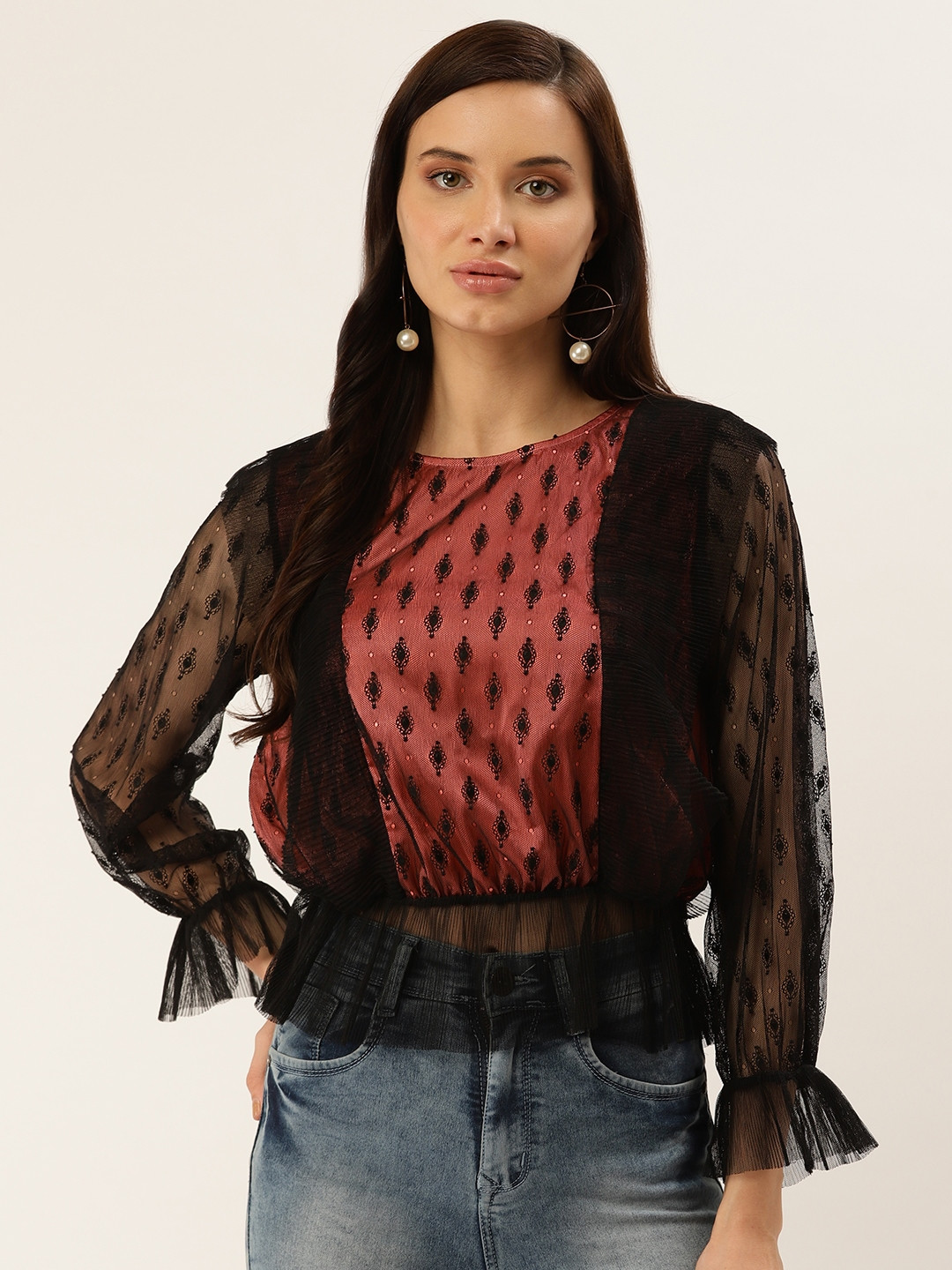 Antheaa Women Black & Peach-Coloured Net Semi-Sheer Cinched Waist Top
