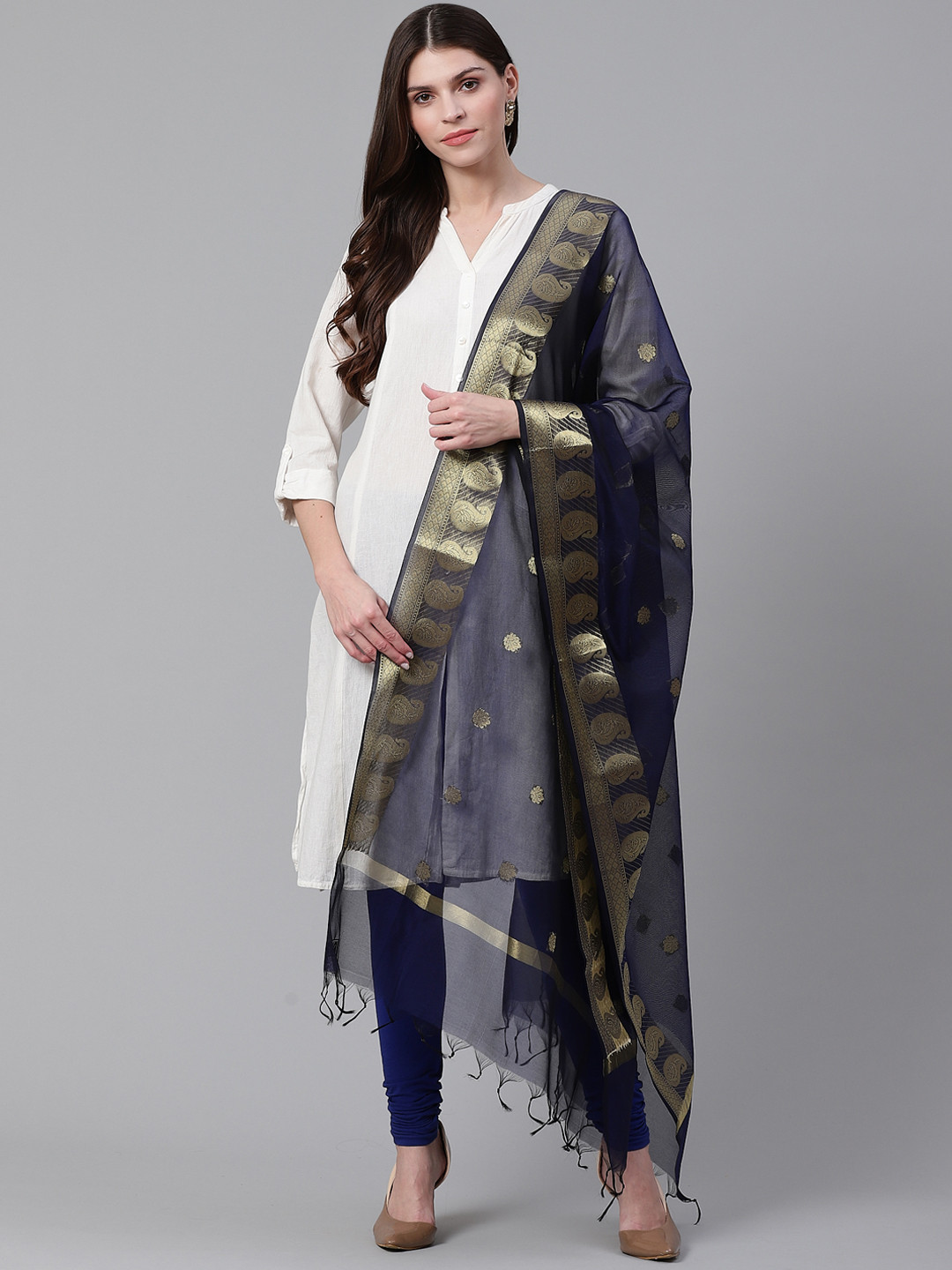 WEAVERS VILLA Navy Blue & Golden Woven Design Dupatta