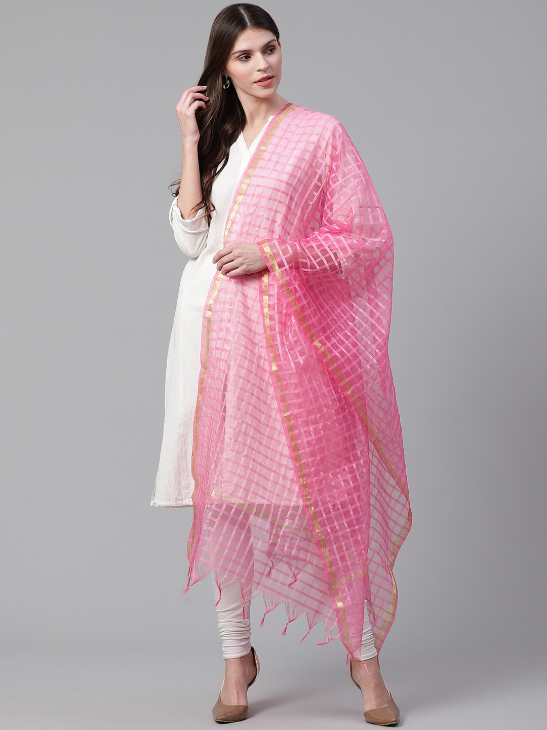 WEAVERS VILLA Pink Checked Dupatta