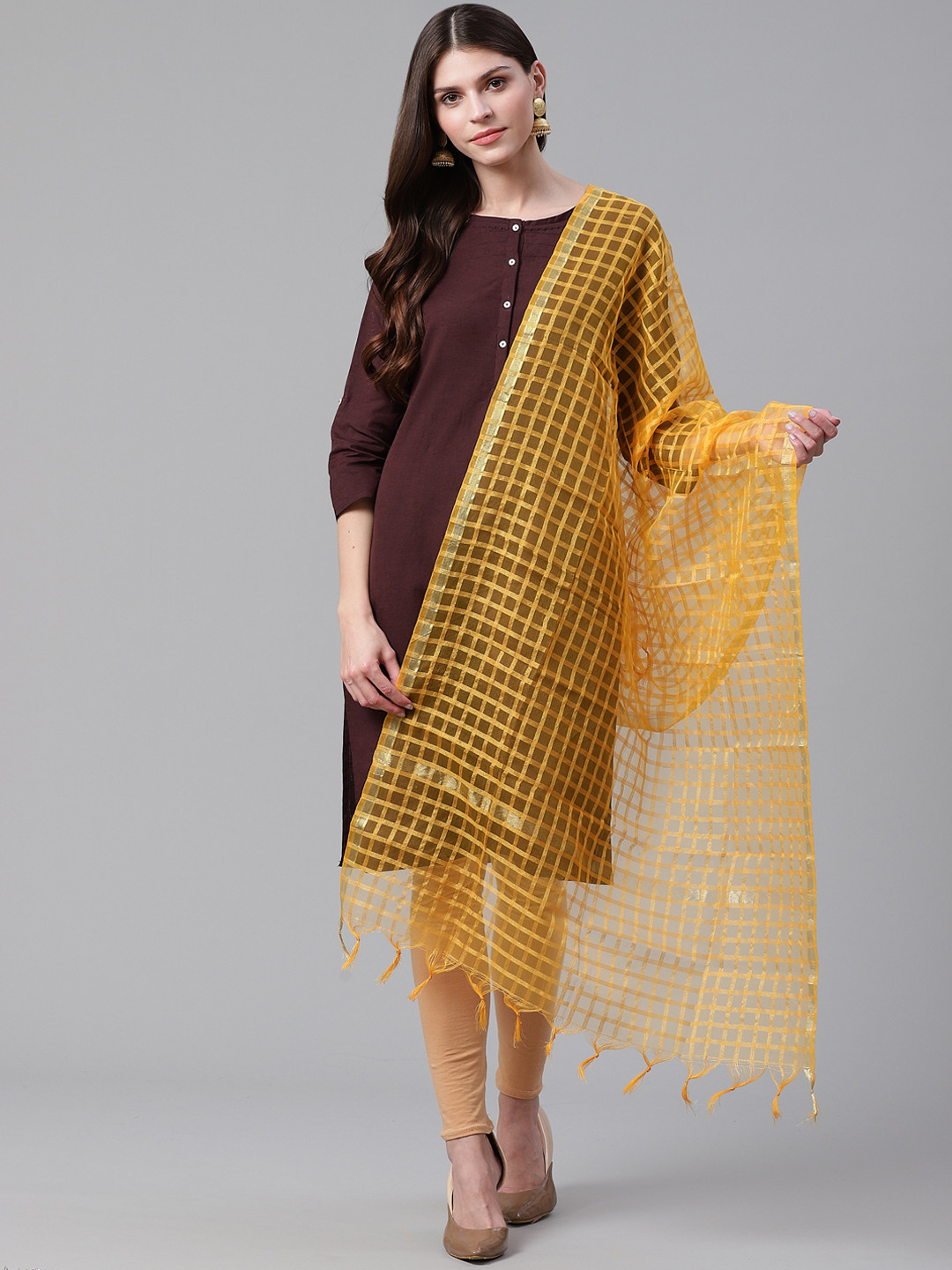 WEAVERS VILLA Mustard Yellow Checked Dupatta