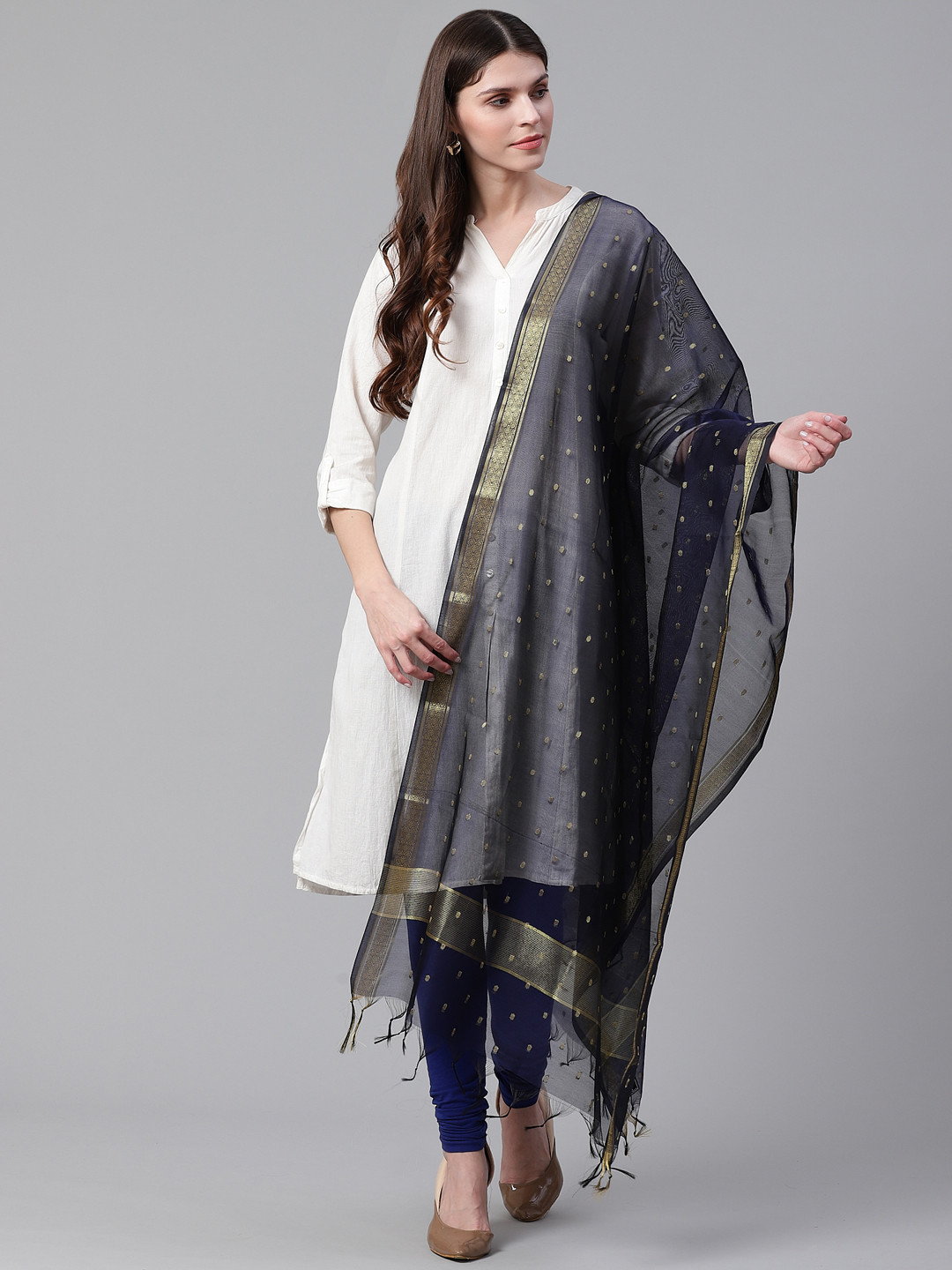 WEAVERS VILLA Navy Blue & Golden Woven Design Dupatta