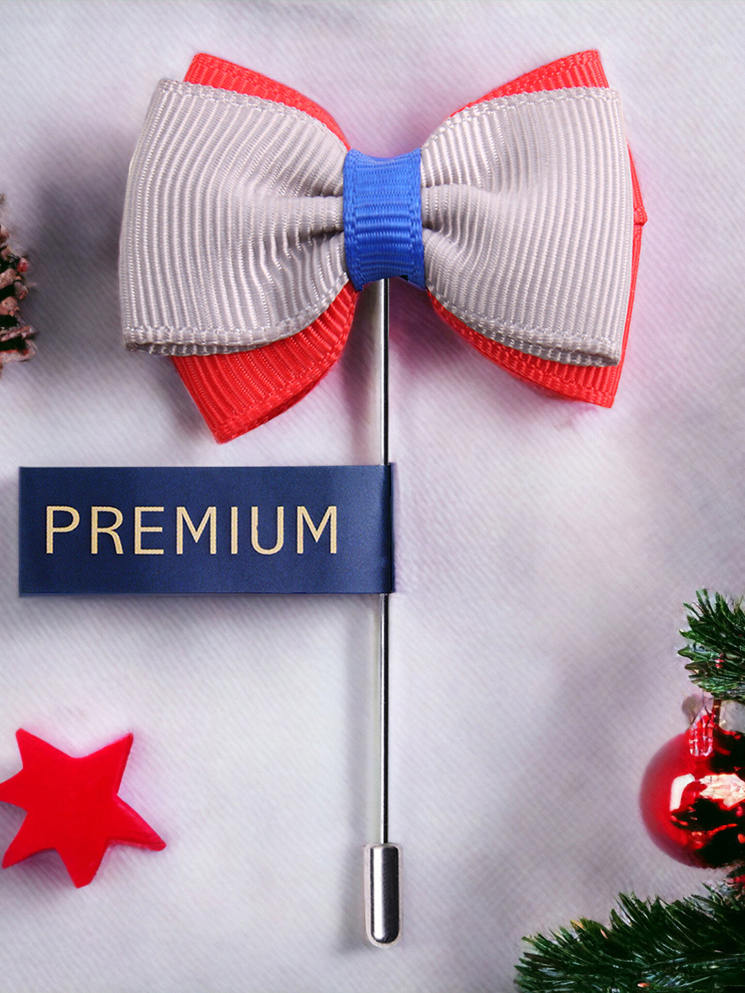 PELUCHE Unisex Grey & Red The Graceful Bow Brooch Lapel Pin