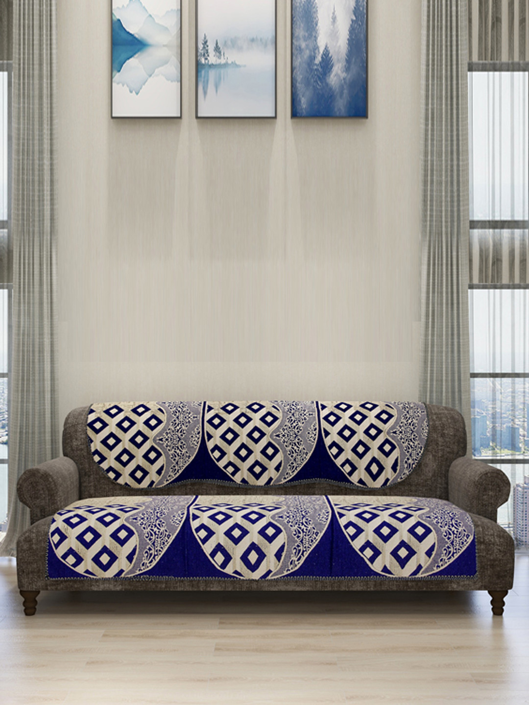 ROMEE Set Of 6 Beige & Blue Self-Design Sofa Cover