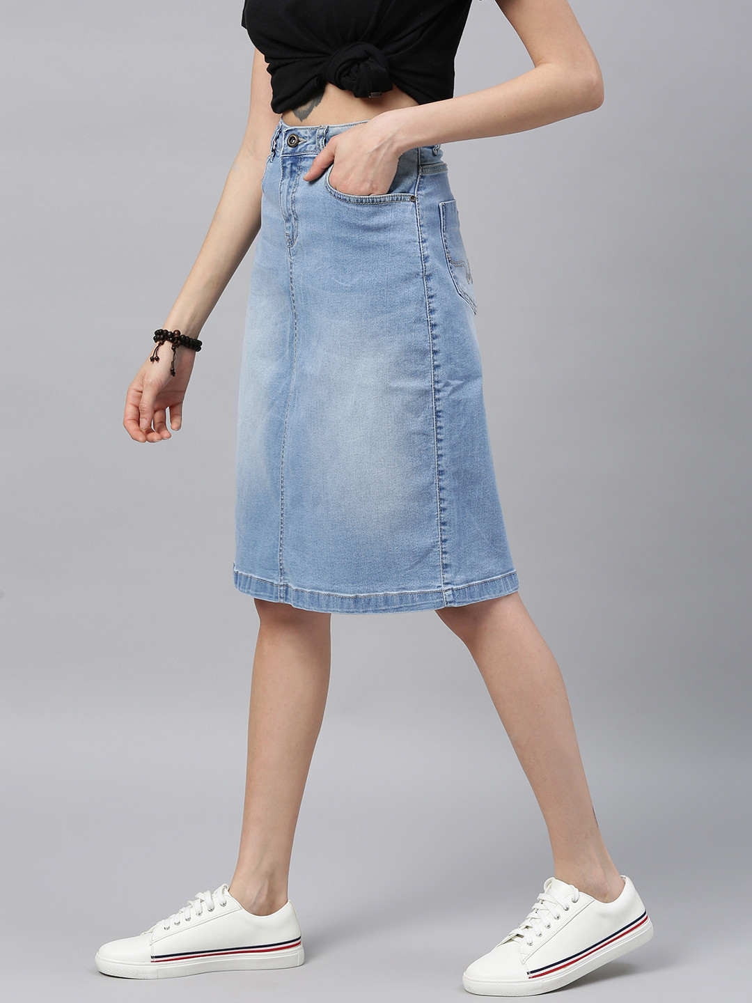 Roadster Women Blue Solid Light Fade Denim Skirt