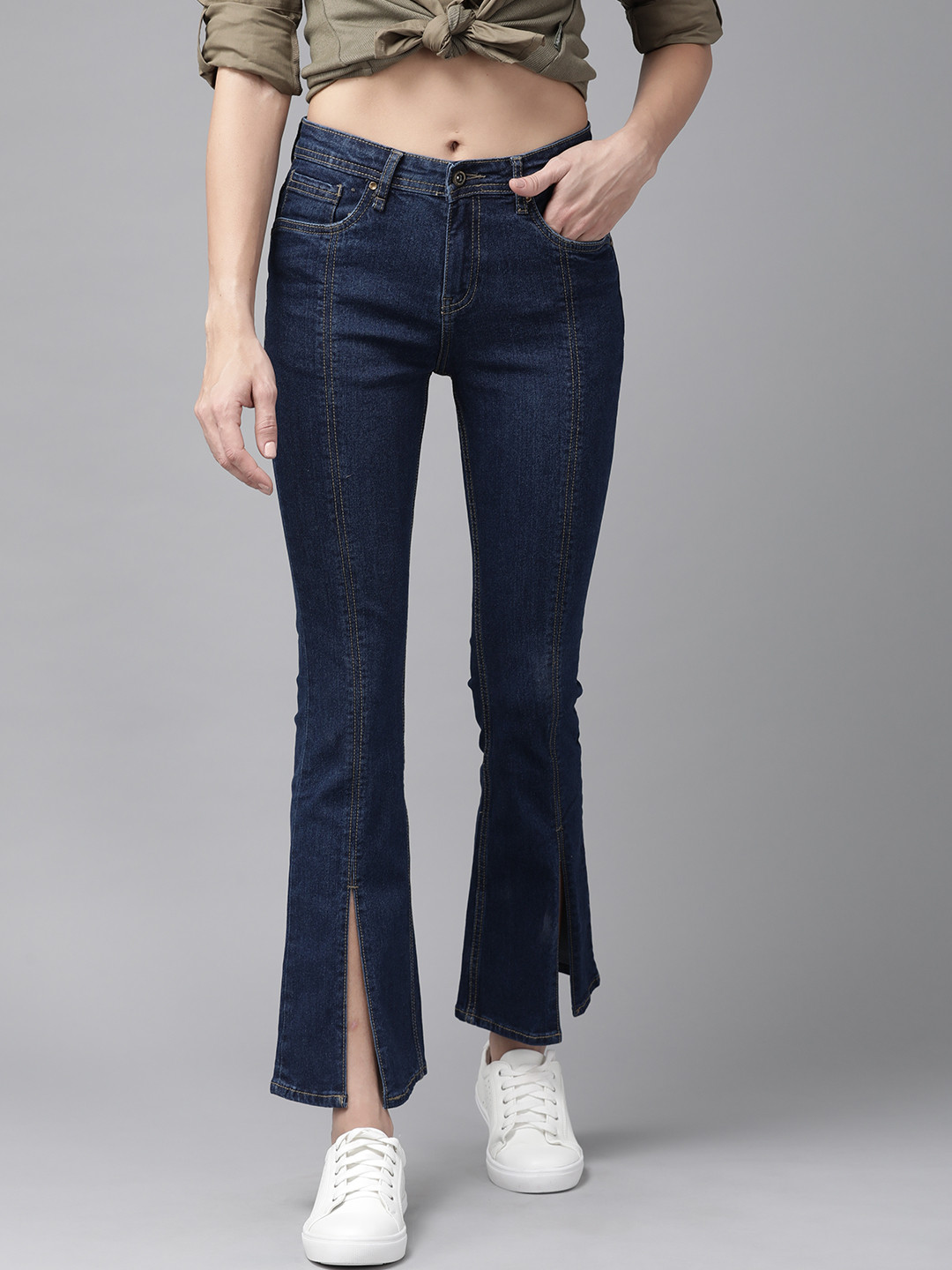 The Roadster Life Co. Women Navy Blue Solid High-Rise Bootcut Jeans