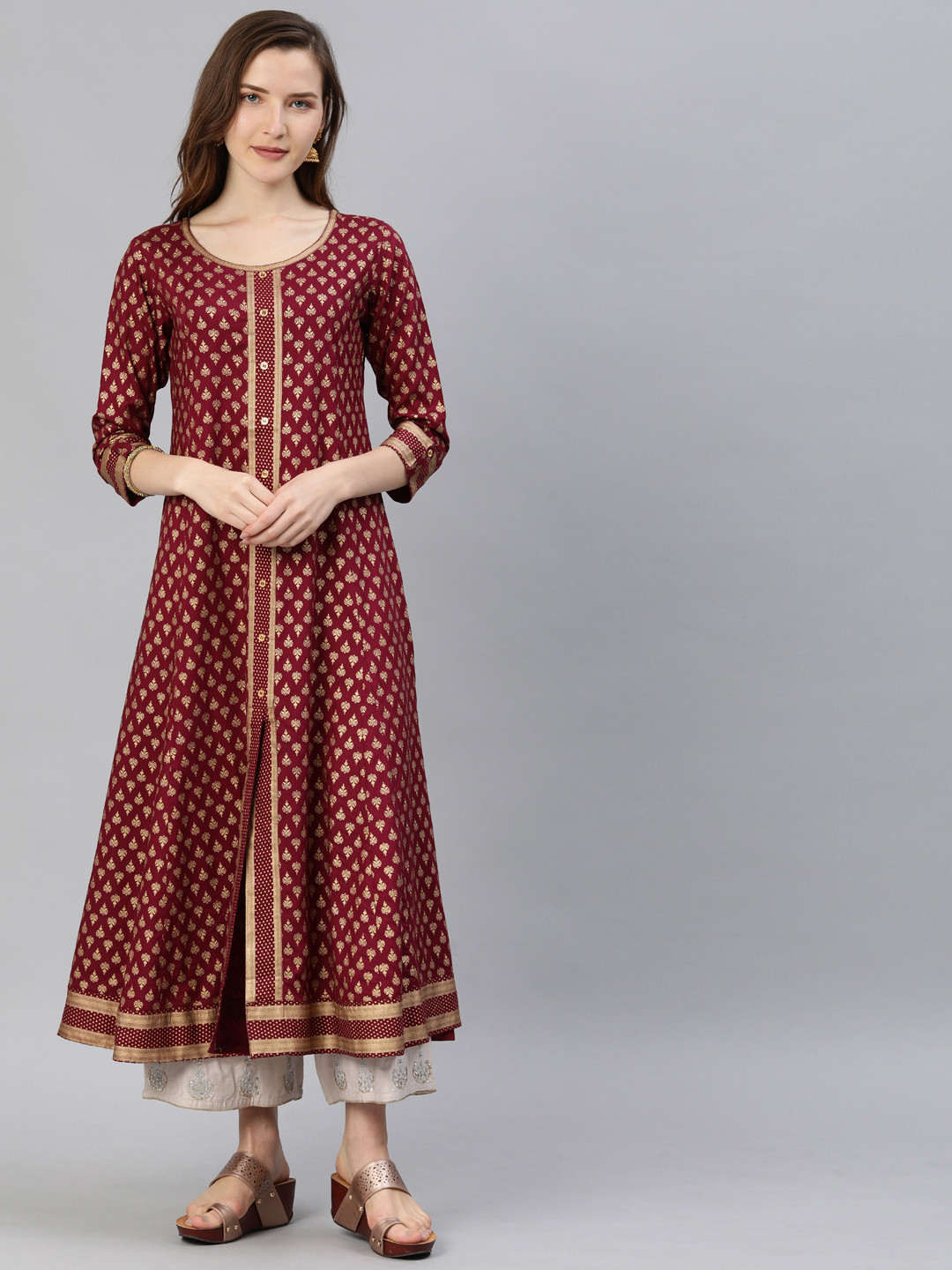 YASH GALLERY Women Burgundy & Gold-Toned Printed A-Line Kurta With Button Detail