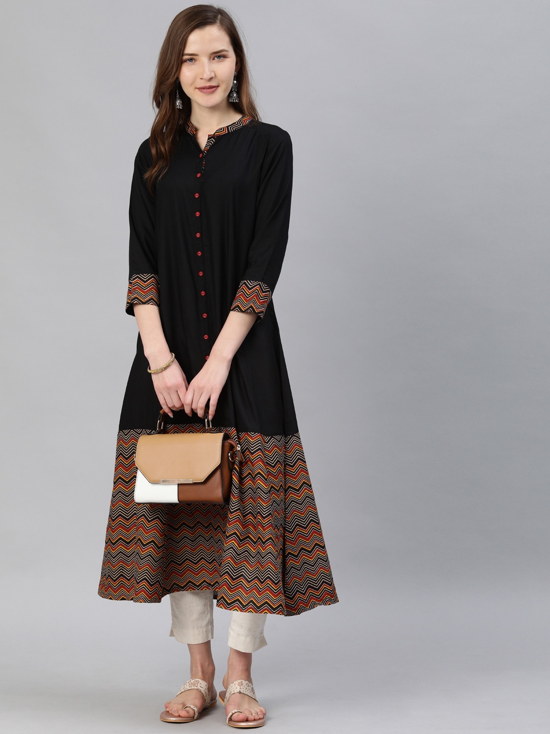 YASH GALLERY Women Black & Brown Yoke Design A-Line Kurta