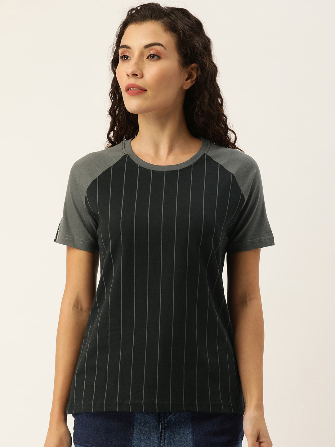 DILLINGER Women Black  Grey Striped Round Neck Pure Cotton T-shirt