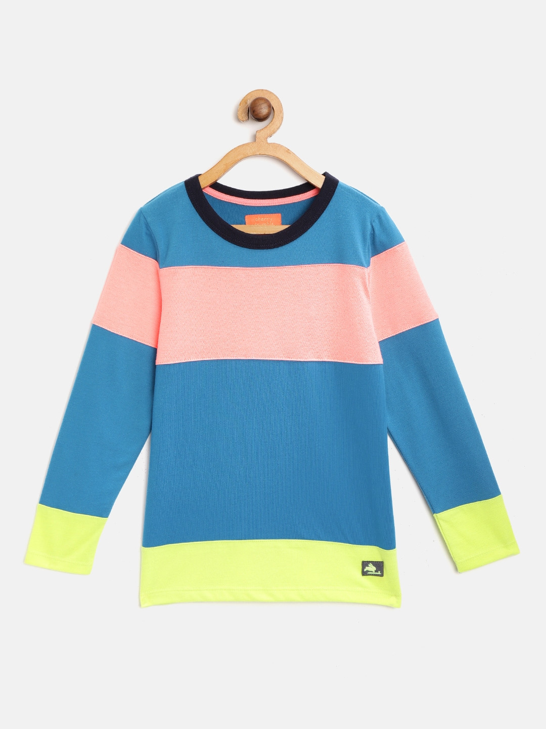 Cherry Crumble Boys Teal Blue & Coral Pink Colourblocked Round Neck T-shirt