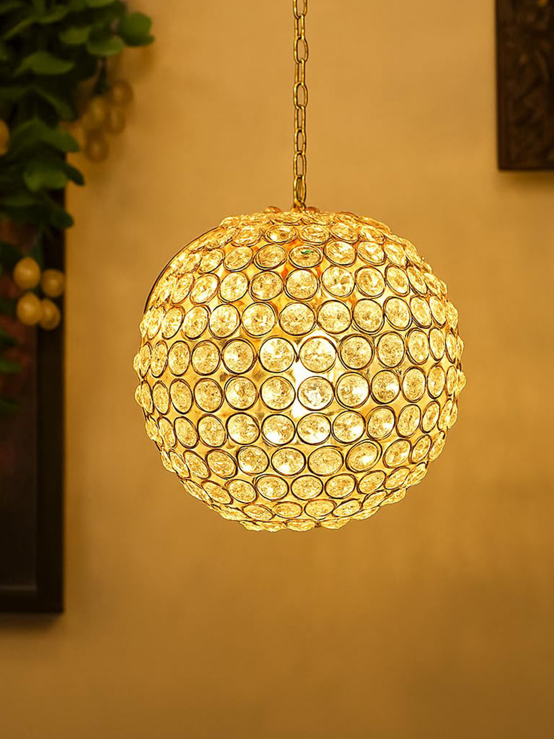 Homesake Hanging Pendant Ball Gold Crystal Glossy Living Room Small Showpiece - 12.2 Inches
