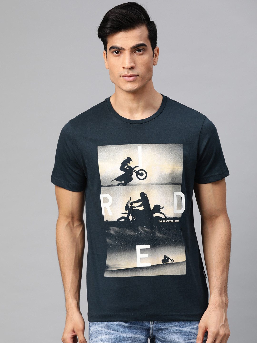 Roadster Men Navy Blue & Beige Biker Printed Round Neck T-shirt