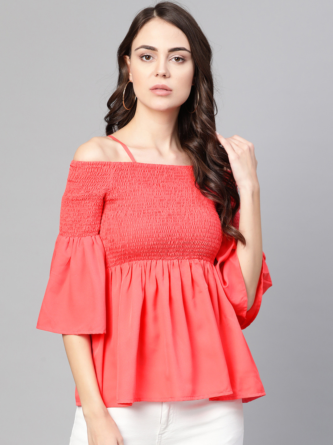 Zima Leto Women Coral Pink Solid Bardot Top