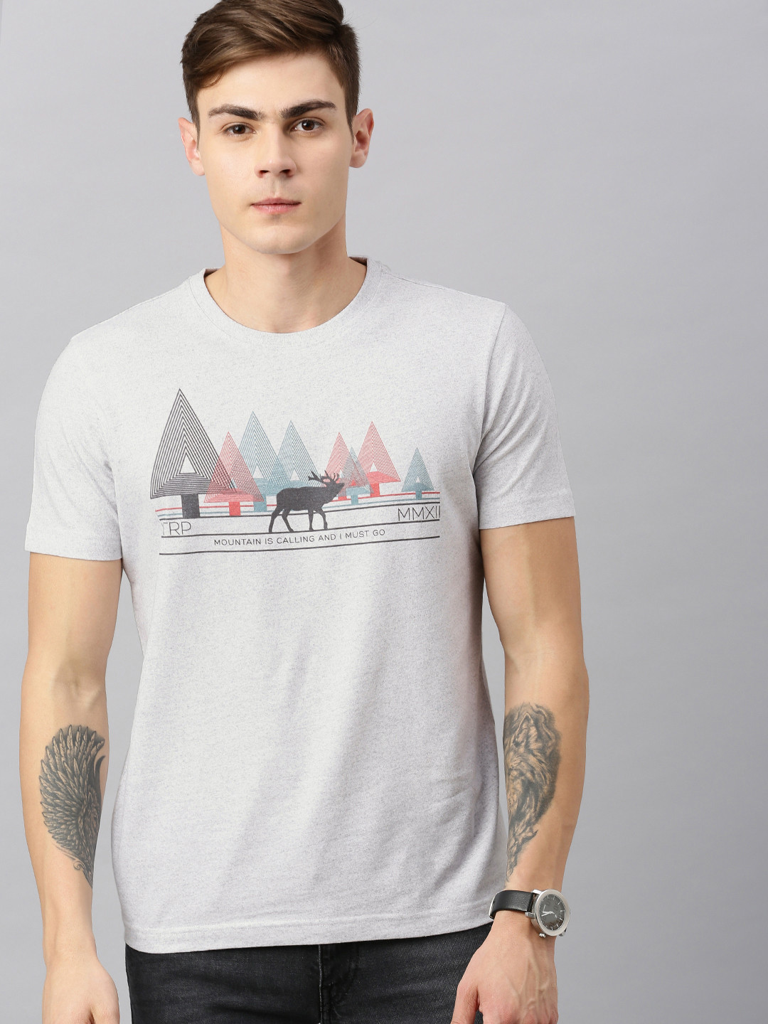 Huetrap Men Grey Melange Printed Round Neck T-shirt