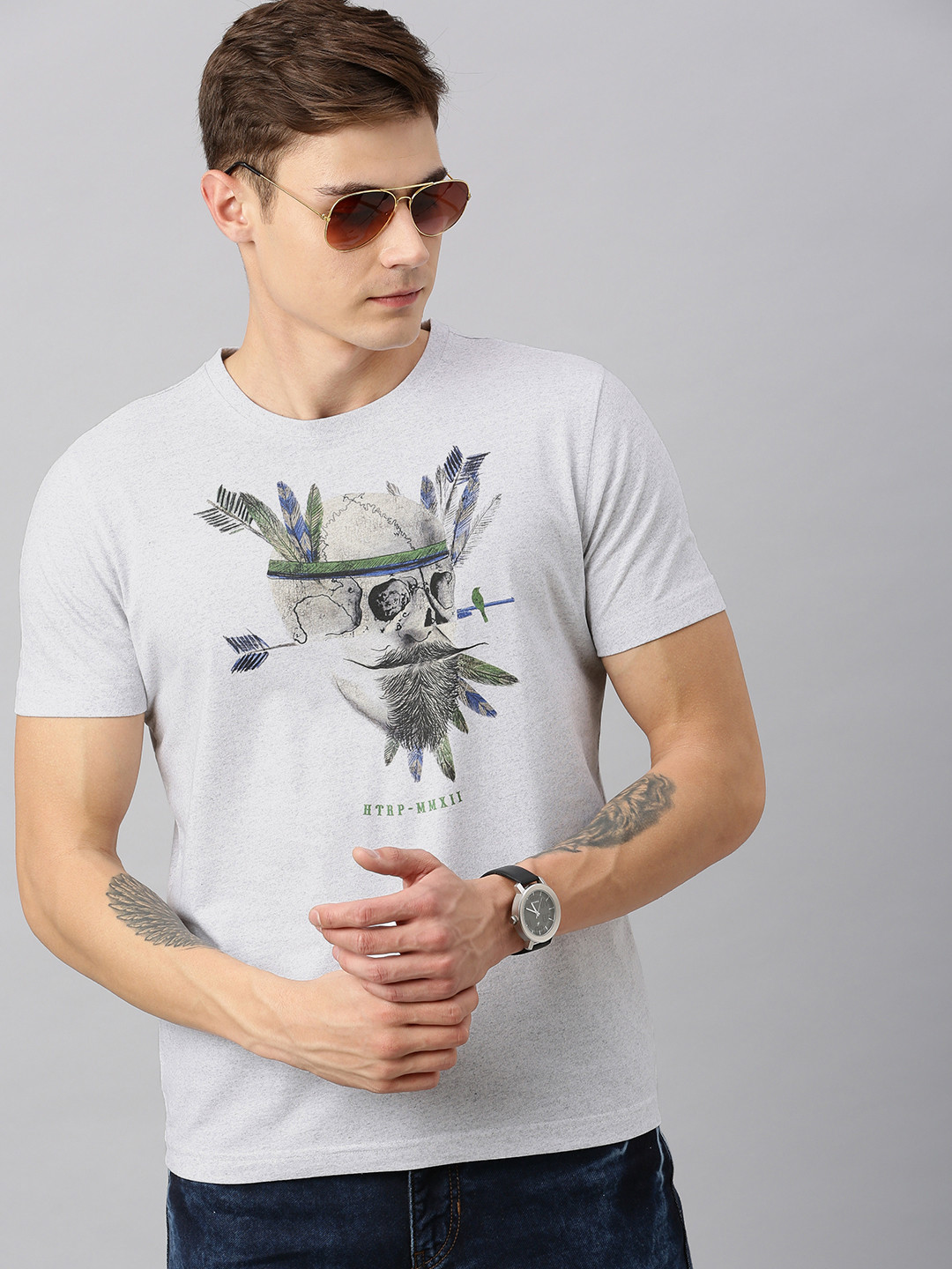 Huetrap Men Grey Melange Printed Round Neck T-shirt