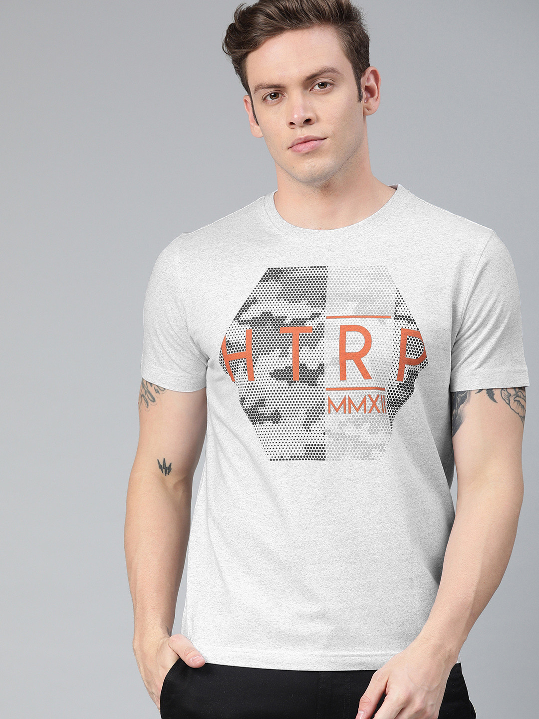 Huetrap Men White Melange Printed Round Neck T-shirt