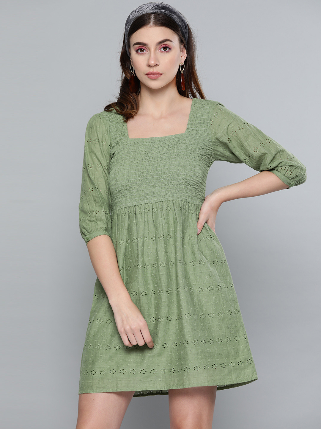 SASSAFRAS Olive Green Schiffli Embroidered A-Line Dress