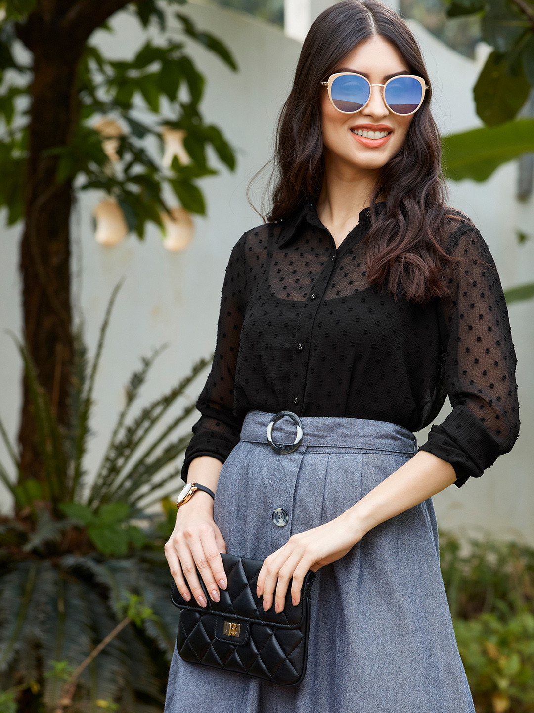 SASSAFRAS Black Dobby Sheer Boxy Shirt