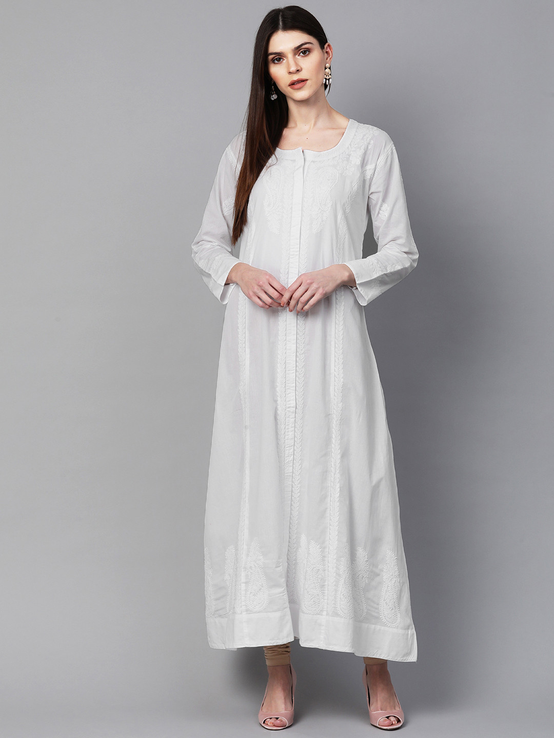 ADA Women White Chikankari Hand Embroidered Sheer A-Line Sustainable Handloom Kurta