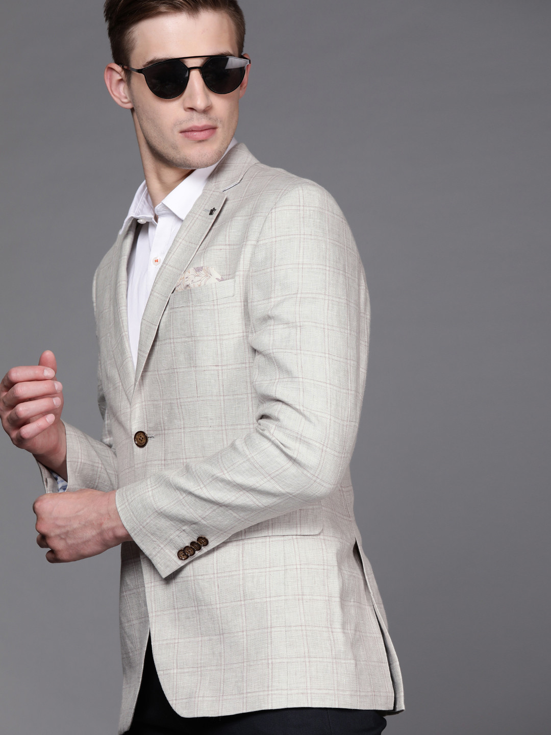 Louis Philippe Men Grey & Purple Slim Checked Single Breasted Linen Smart Casual Blazer