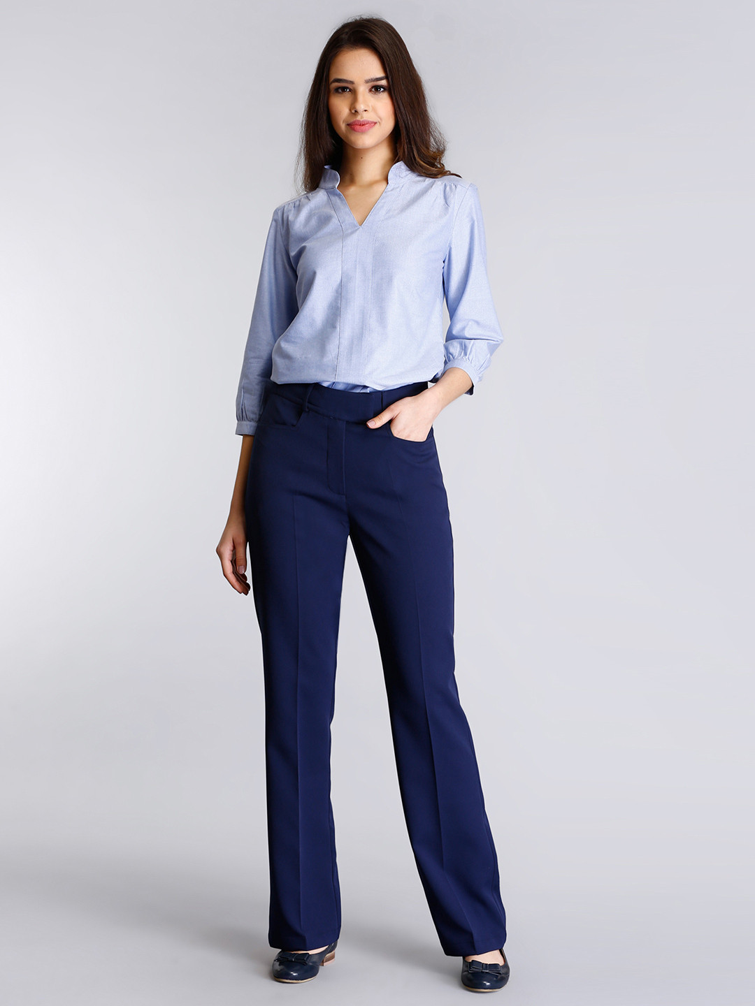 FableStreet Women Navy Blue Bootcut Solid Formal Trousers