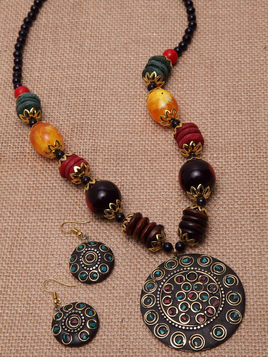 PANASH Copper-Plated Black & Green Beaded Jewellery Set