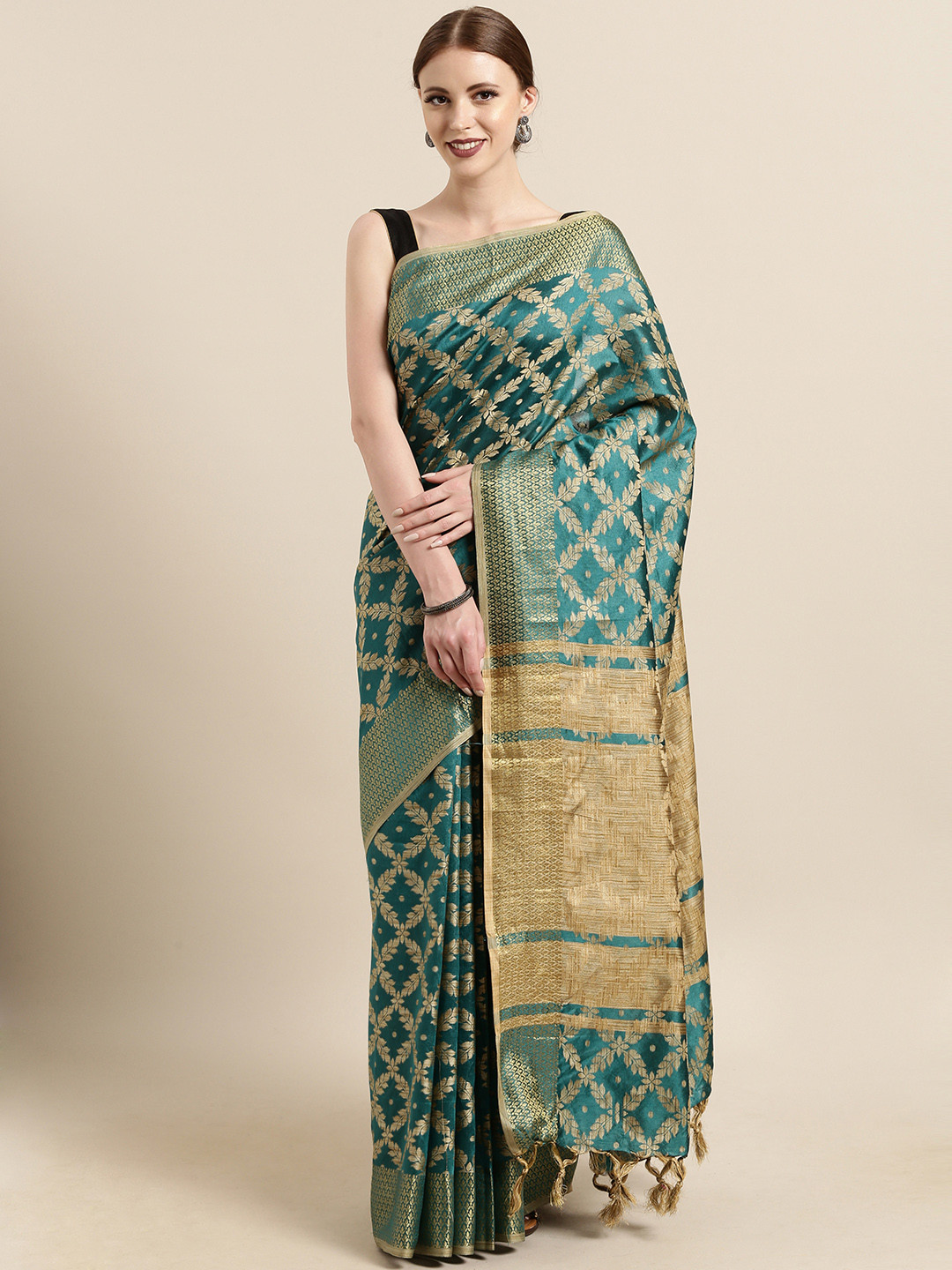 Satrani Green & Gold-Toned Silk Blend Woven Design Kanjeevaram Saree