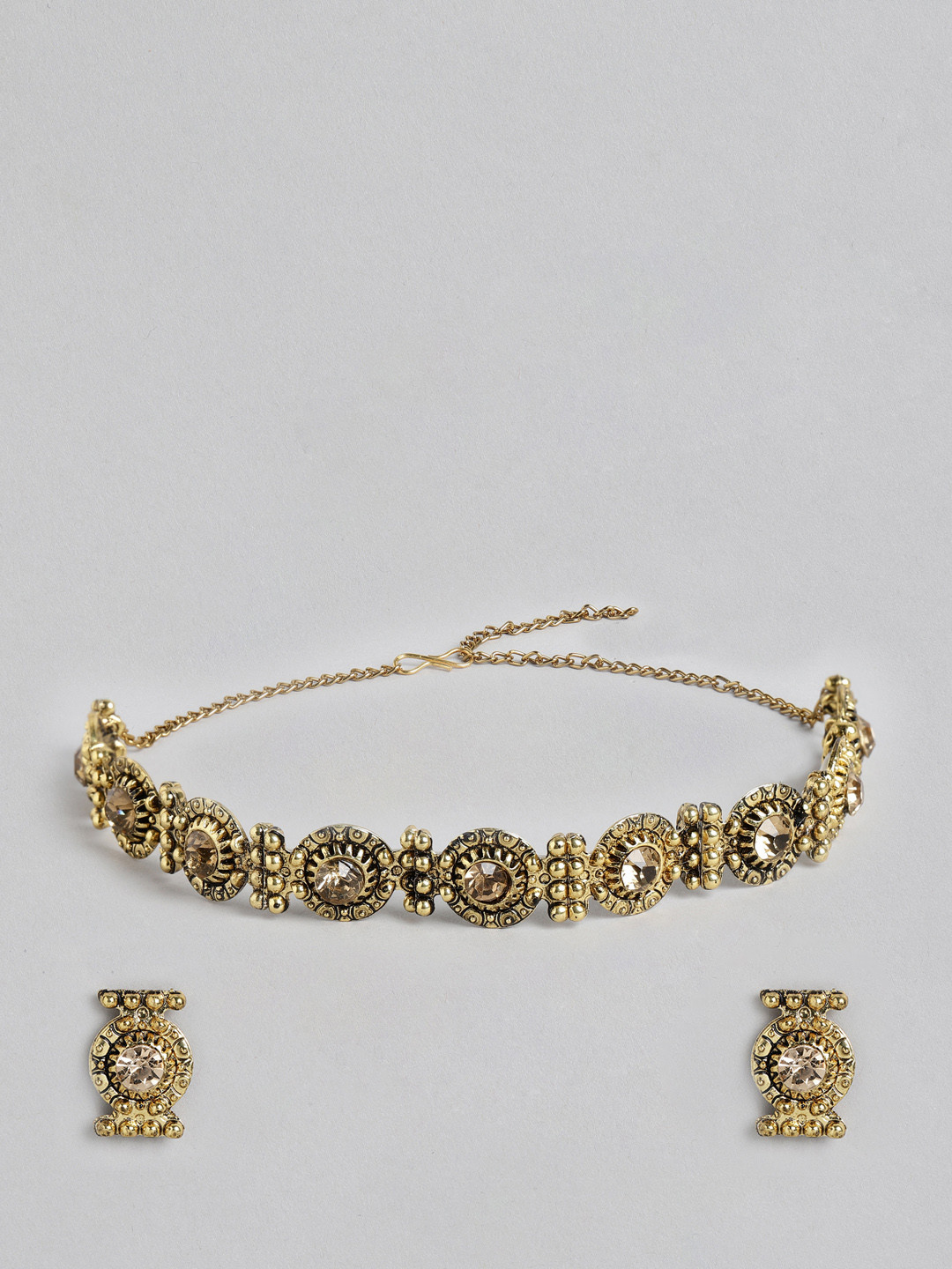 Kord Store Antique Gold-Plated Stone-Studded Textured Jewellery Set