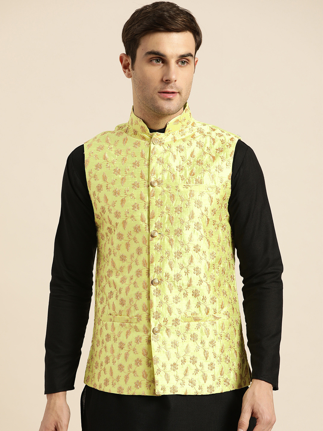 SOJANYA Men Lime Green & Golden Embroidered Nehru Jacket