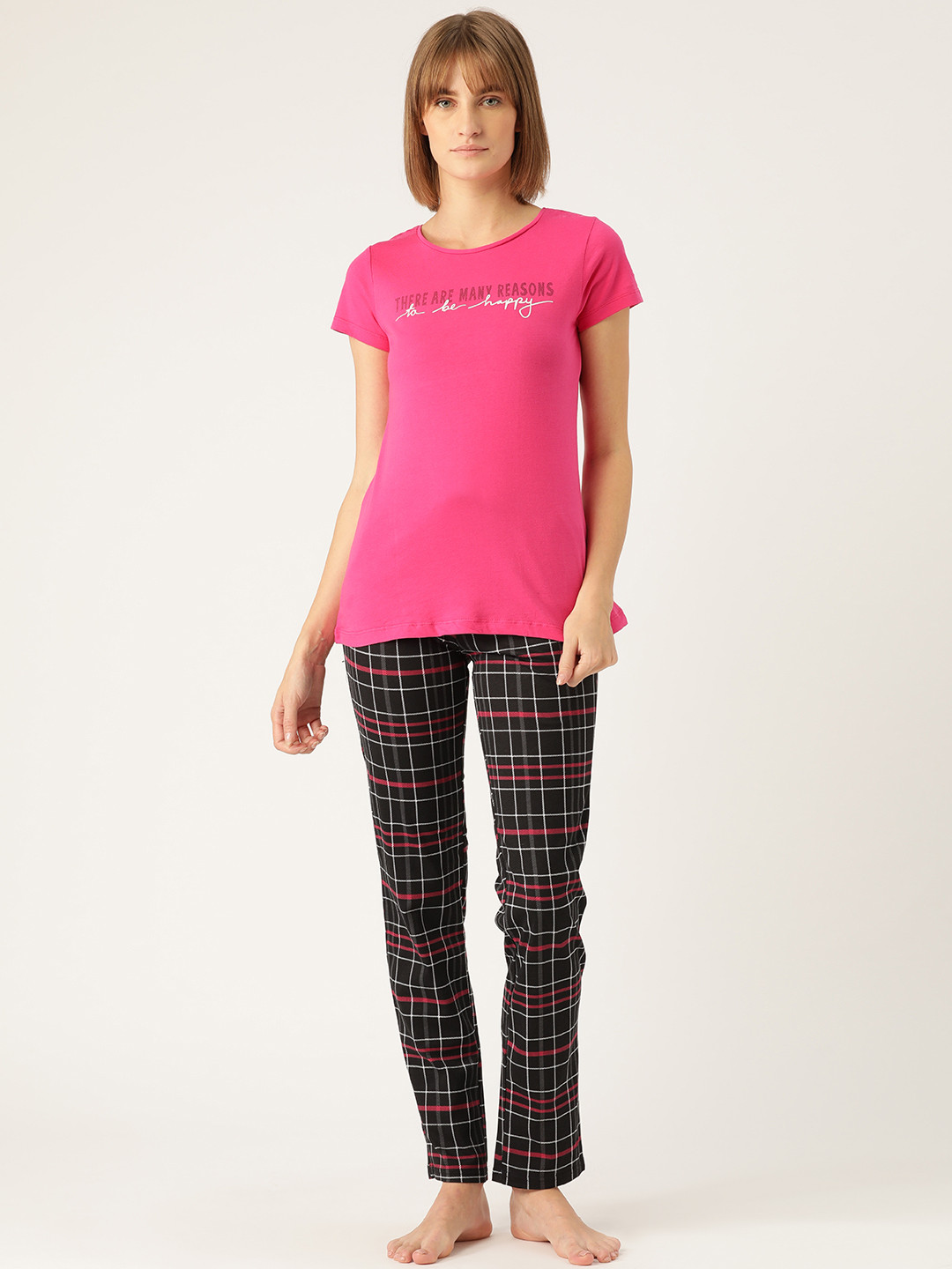 Sweet Dreams Women Pink & Black Checked Nightsuit