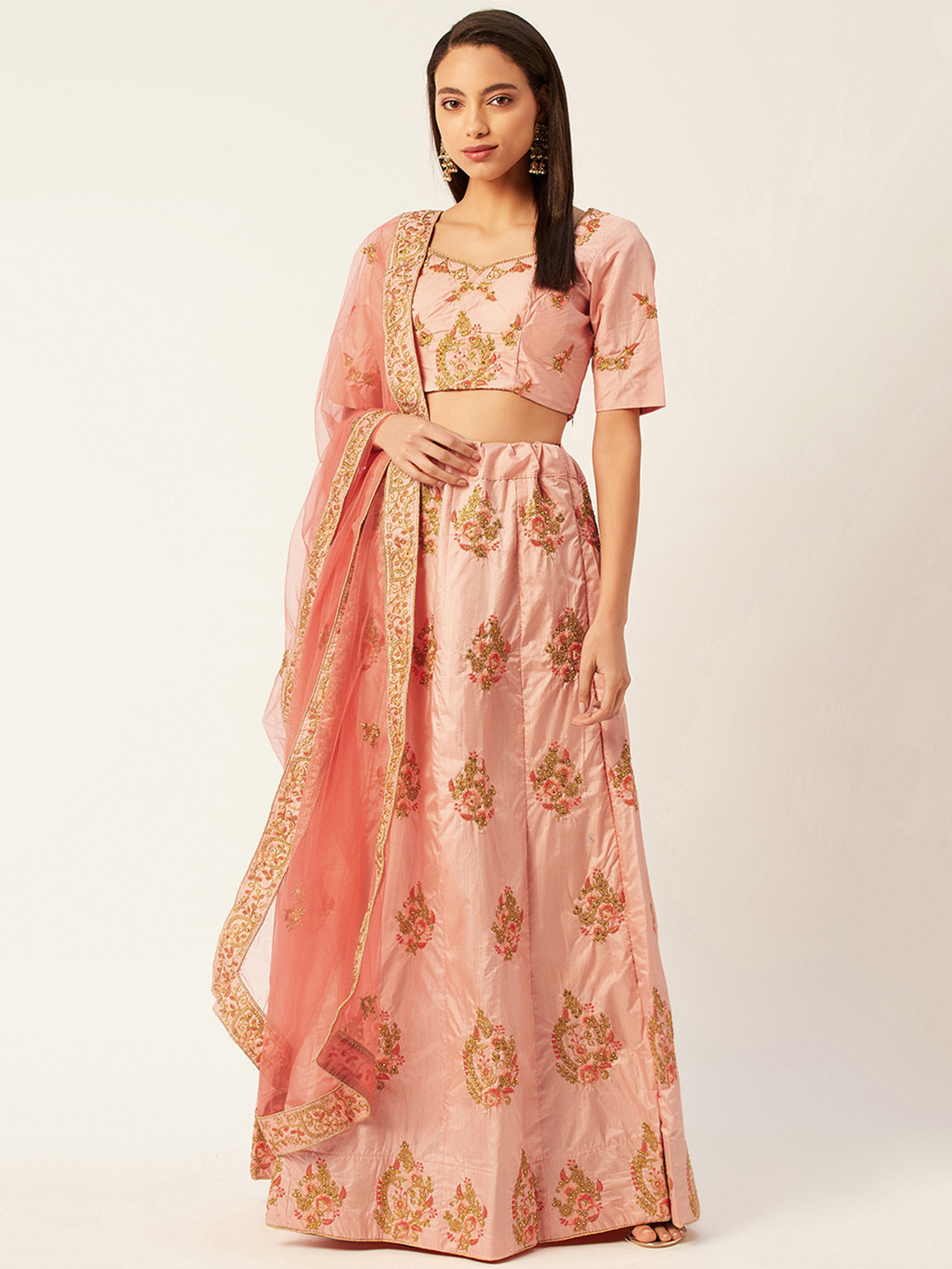 Shaily Peach-Coloured & Gold-Toned Embroidered Semi-Stitched Lehenga & Unstitched Blouse with Dupatta