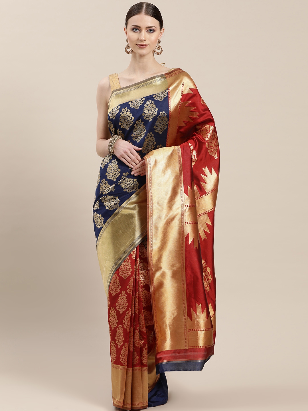 Buy Chhabra 555 Navy Blue Rust Red Zari Woven Design Half Half Kanjeevaram Saree Sarees For Women Myntra