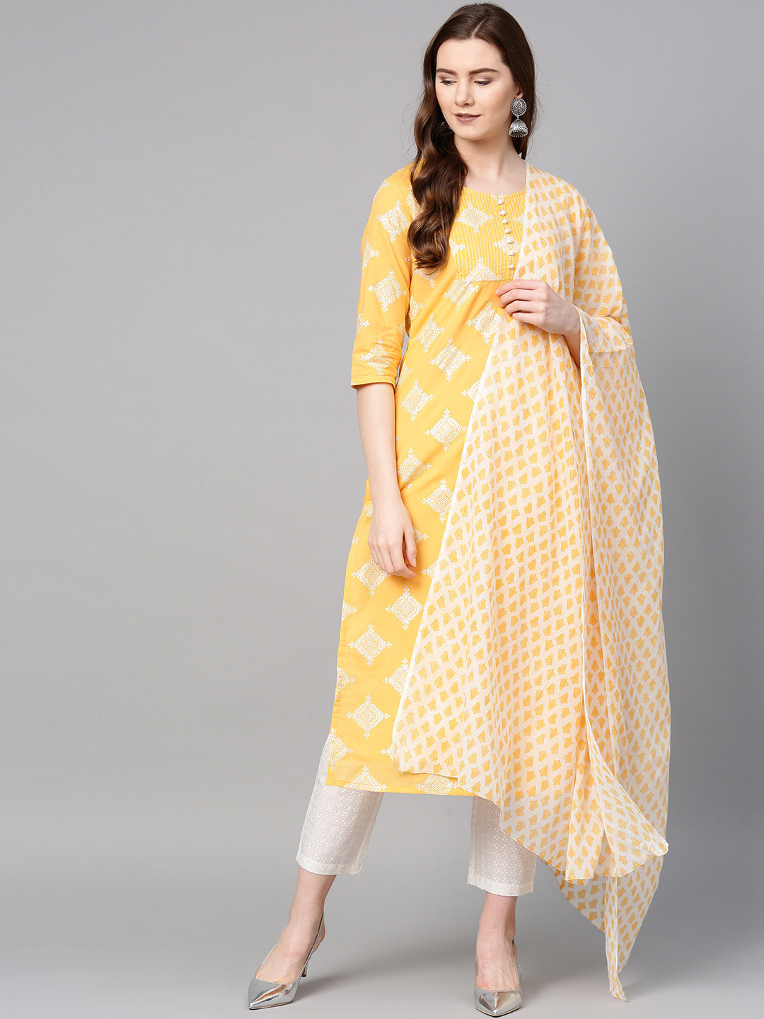 Sringam Women Yellow & White Printed Kurta with Trousers & Dupatta