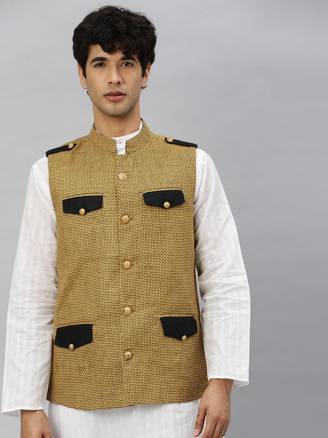 Svanik Men Yellow and Brown Checked Nehru Jacket