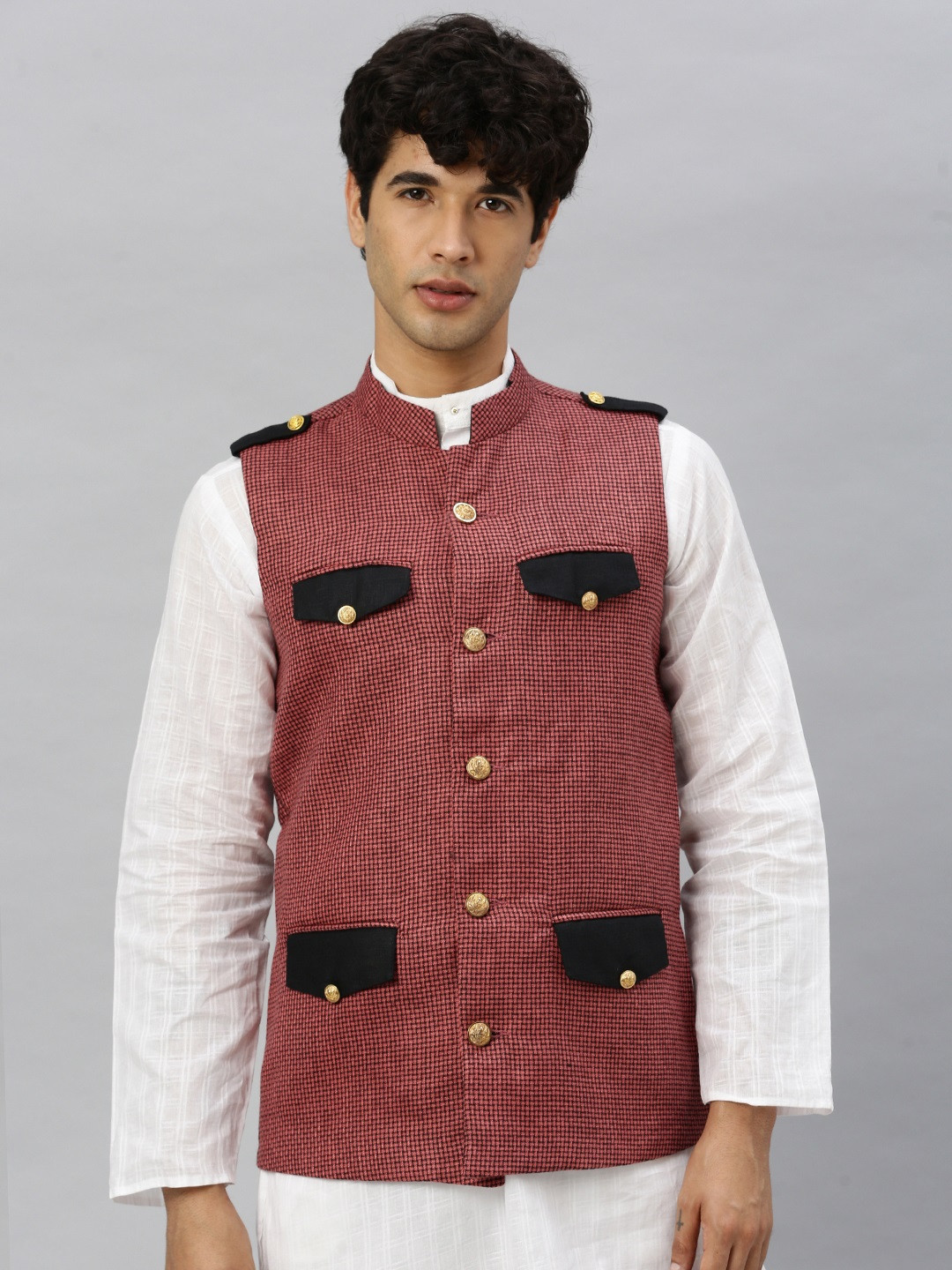 Svanik Men Red and Black Checked Nehru Jacket