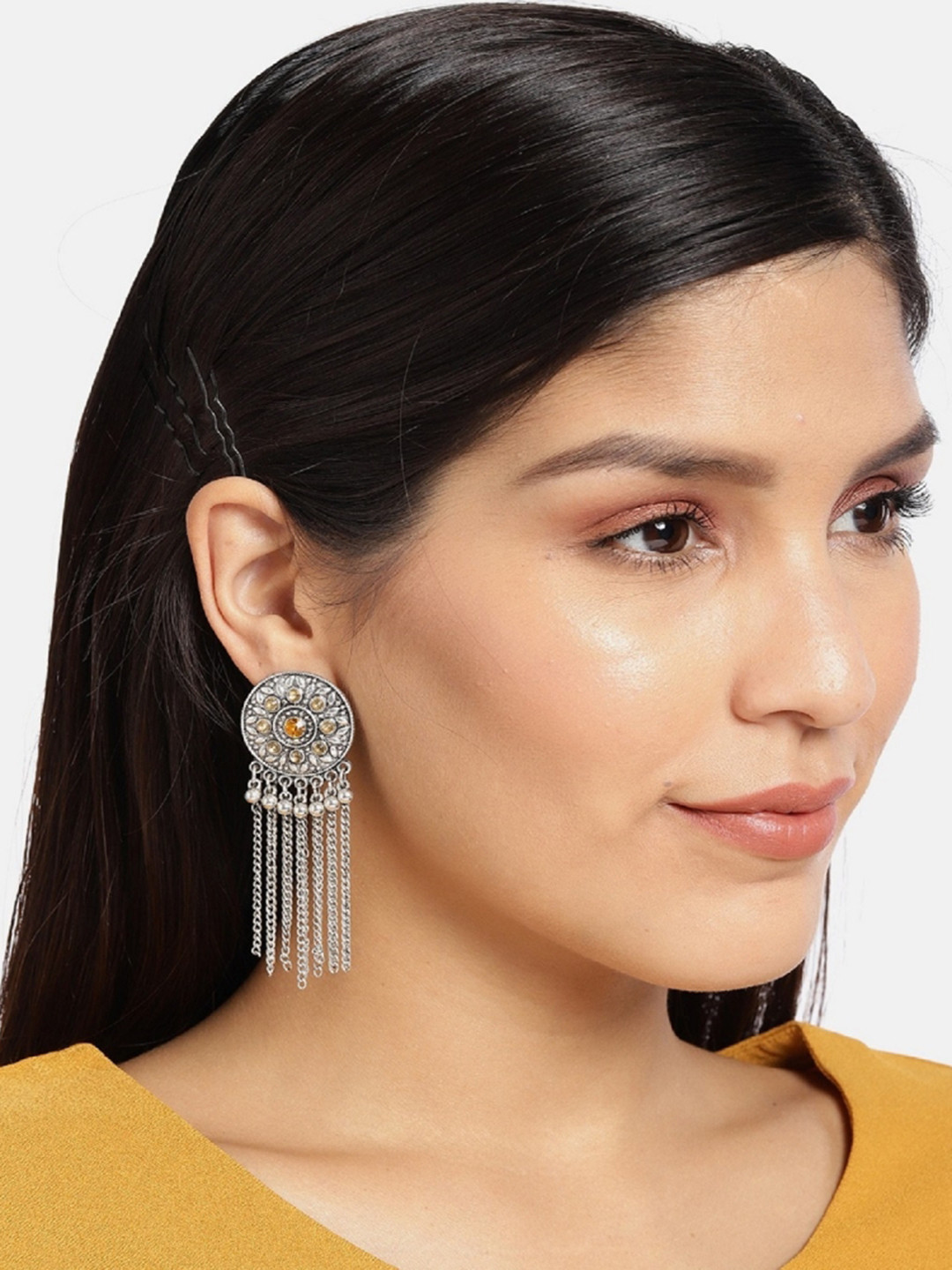 ToniQ Silver-Toned Circular Studded Oxidised Drop Earrings
