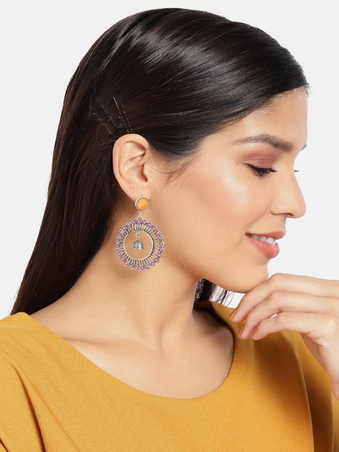 ToniQ Silver-Toned & Pink Oxidised Circular Beaded Drop Earrings