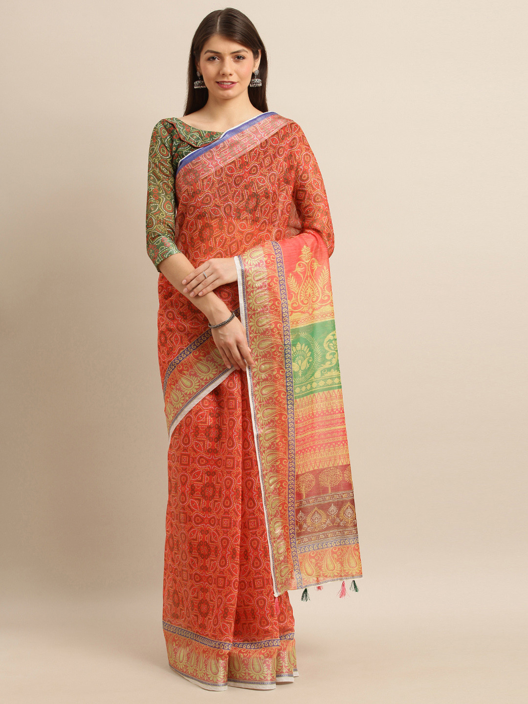 Mitera Orange & Olive Green Cotton Blend Printed Bandhani Saree