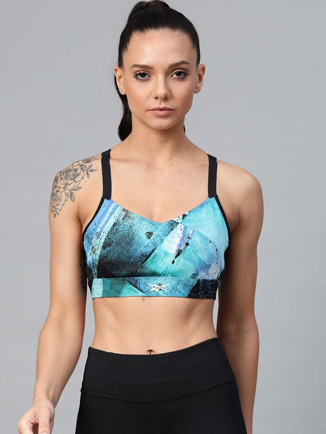 Reebok Teal & Black Printed Non-Wired Lightly Padded TS HERO URBAN Sports Bra FJ2898