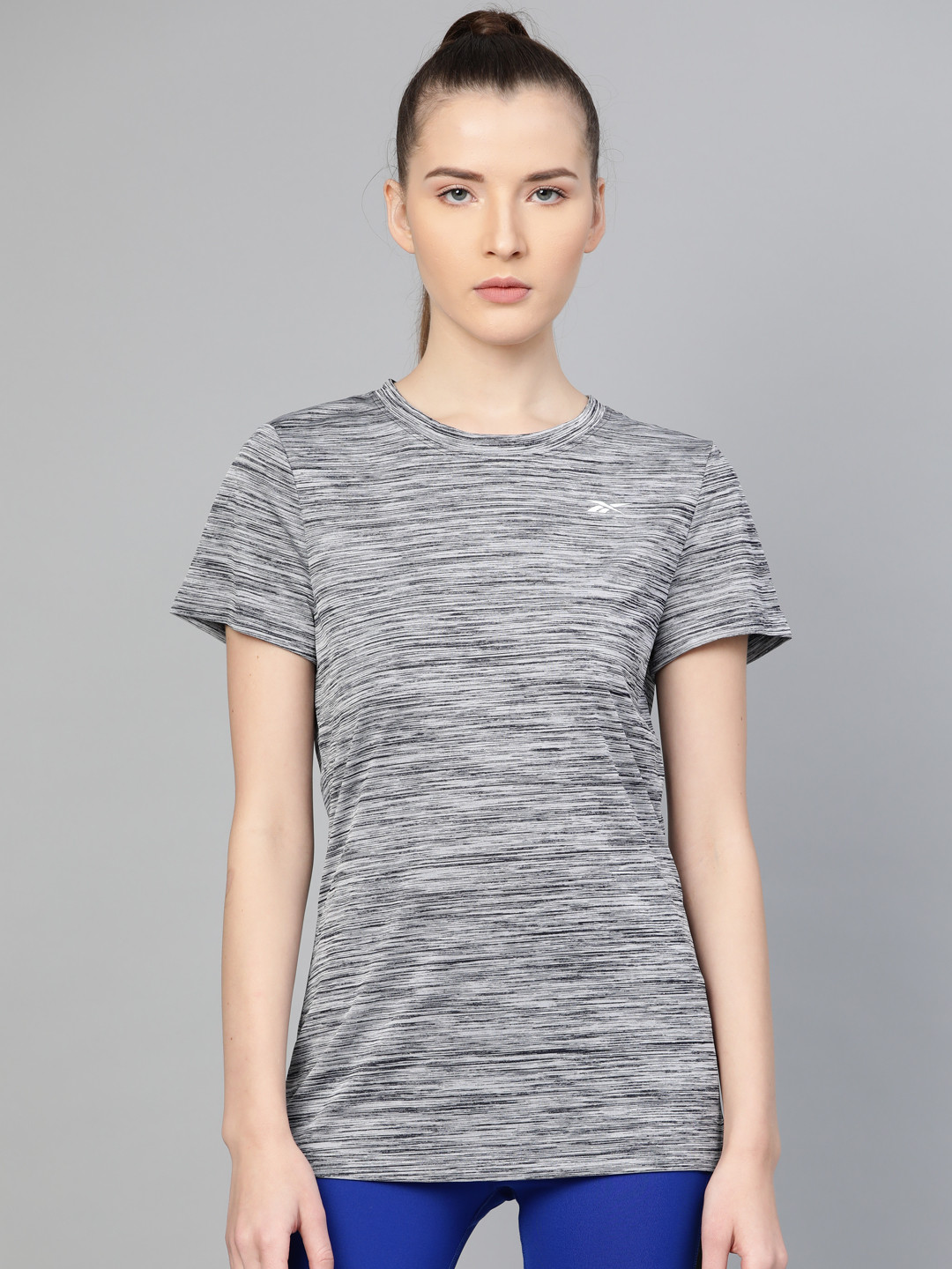 Reebok Women Grey & Black Self-Design CT Training T-shirt