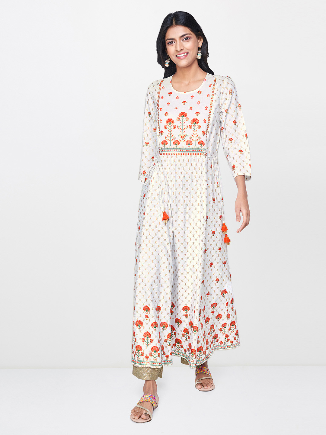 Global Desi Women White Printed A-Line Kurta