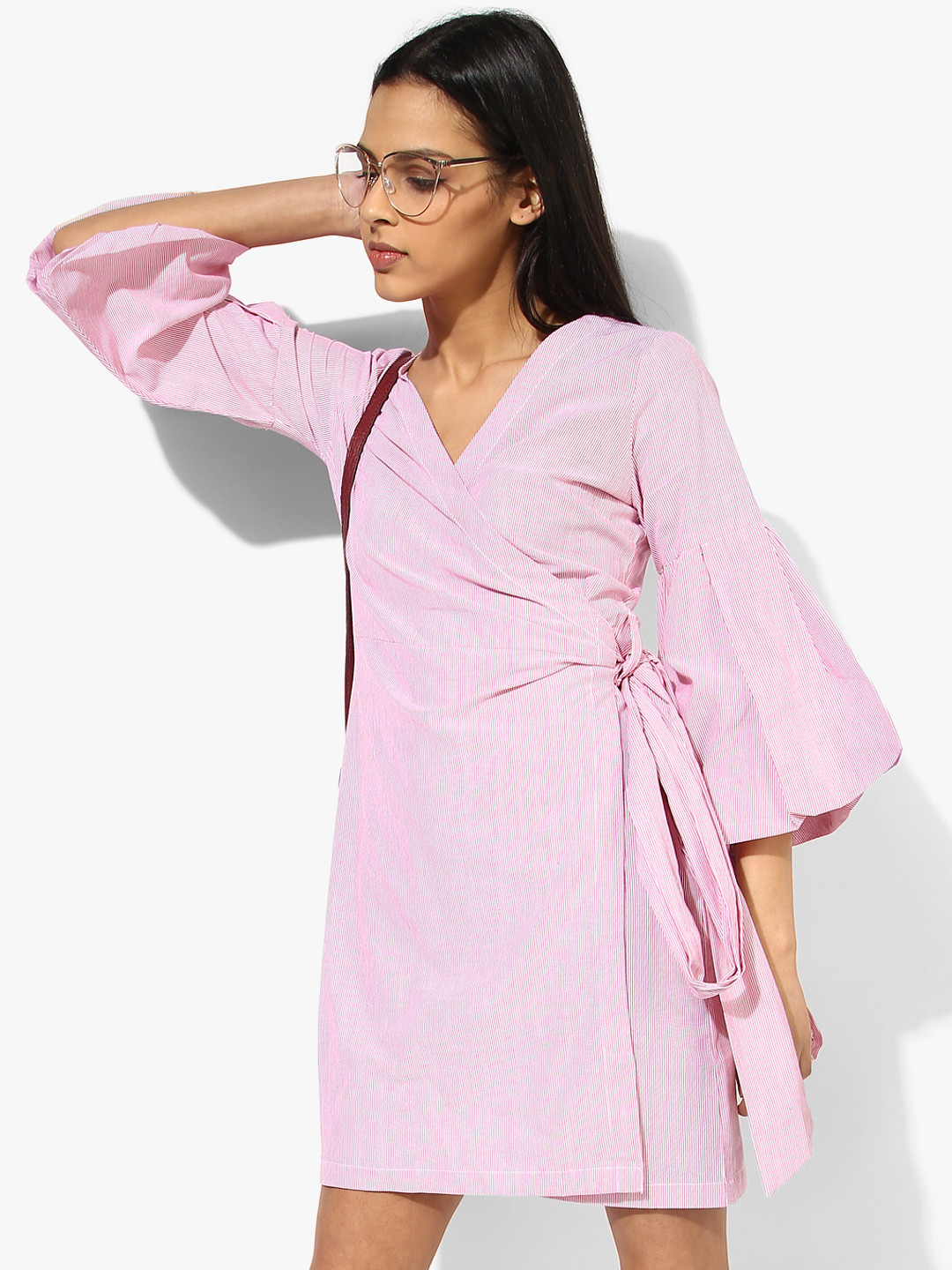 MIAMINX Women Pink & White Striped Wrap Dress