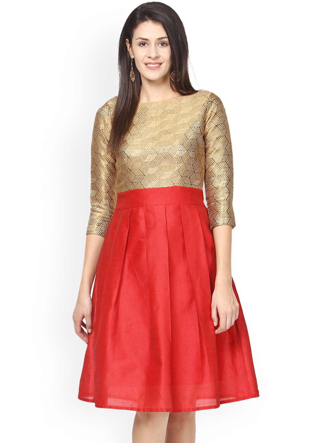 Athena Gold-Toned & Red Silk Fit & Flare Dress