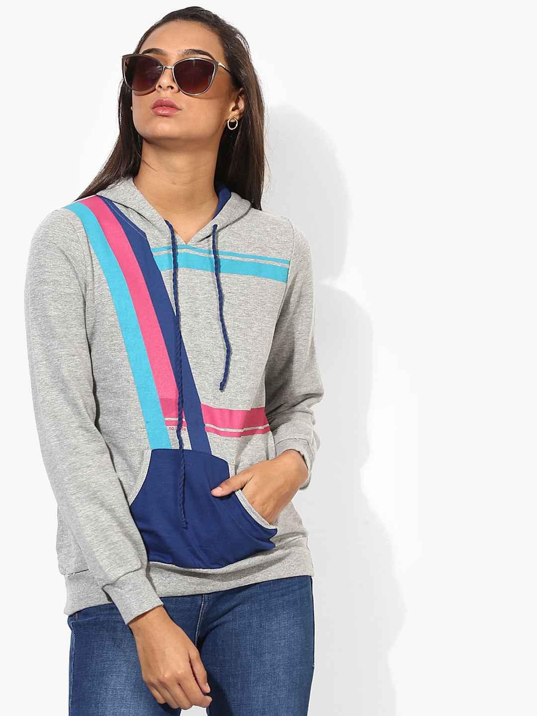 NO CODE Women Grey Melange Printed Detail Hooded Sweatshirt