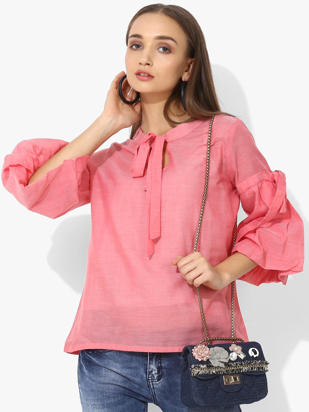 MIAMINX Women Coral Pink Sheer Puff Sleeves Solid Top