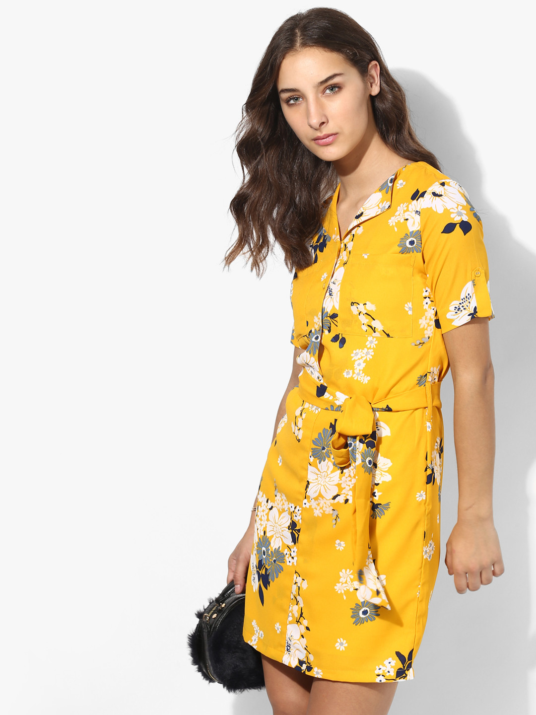 MIAMINX Women Yellow & White Floral Print Shirt Dress