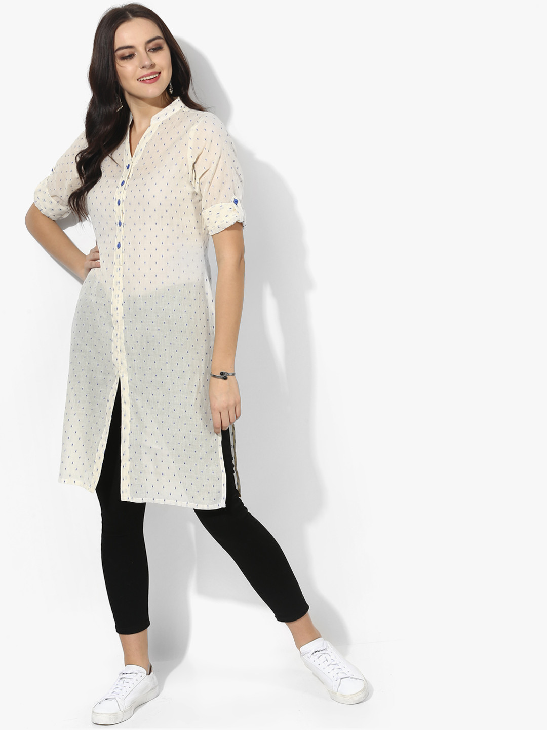 Ayaany Women Off-White & Blue Ditsy Woven Design Straight Kurta